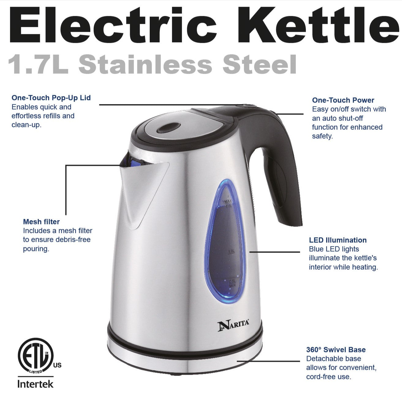 Stainless Steel Cordless Electric Kettle/ 1.7L